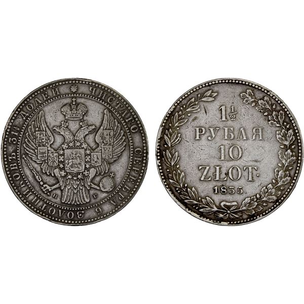 POLAND: Nicholas I, 1825-1855, AR 10 zlotych / 1½ roubles, 1835, VF-XF