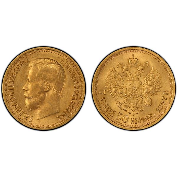 RUSSIA: EMPIRE: Nicholas II, 1894-1917, AV 7½ roubles, 1897, PCGS MS63