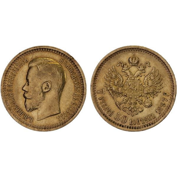 RUSSIA: EMPIRE: Nicholas II, 1894-1917, AV 7½ roubles, 1897, AU