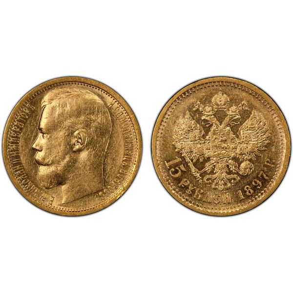 RUSSIA: EMPIRE: Nicholas II, 1894-1917, AV 15 roubles, 1897, PCGS AU55