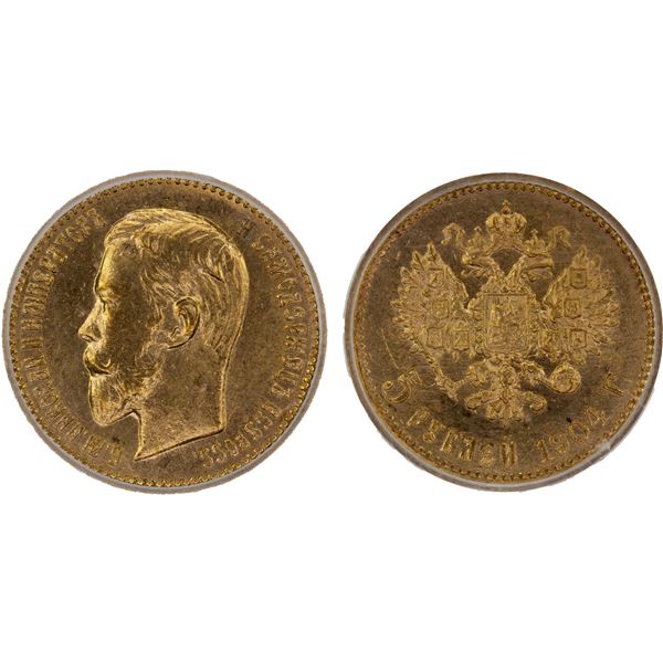 RUSSIA: EMPIRE: Nicholas II, 1894-1917, AV 5 roubles, 1904, ICG graded MS66