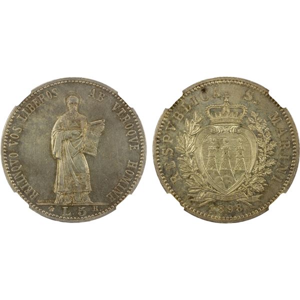 SAN MARINO: Republic, AR 5 lire, 1898-R, NGC MS61