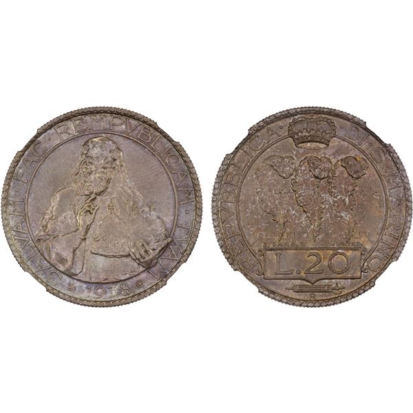 SAN MARINO: Republic, AR 20 lire, 1938-R, NGC MS65