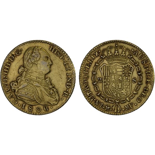 SPAIN: Carlos IV, 1788-1808, 2 escudos (6.58g), 1806/1-M, XF