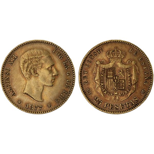 SPAIN: Alfonso XII, 1874-1885, AV 25 pesetas, 1877 (77), VF