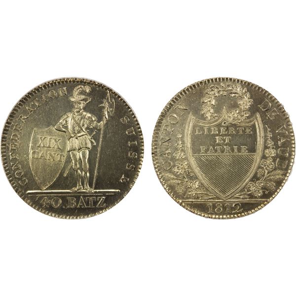 SWITZERLAND: VAUD: Canton, AR 40 batzen, 1812, PCGS AU58