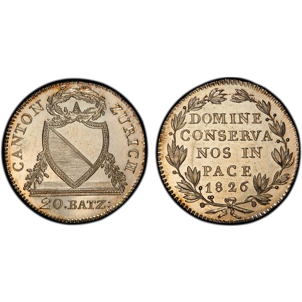 SWITZERLAND: ZÜRICH: Canton, AR 20 batzen, 1826, PCGS MS66
