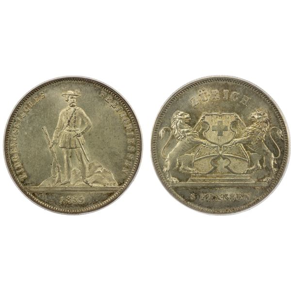 SWITZERLAND: Confederation, AR 5 francs, 1859, ICG graded MS61