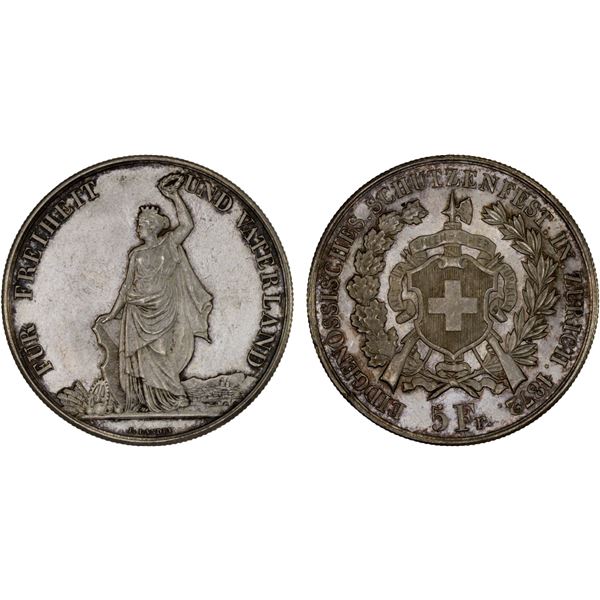 SWITZERLAND: Confederation, AR 5 francs, 1872, Choice AU