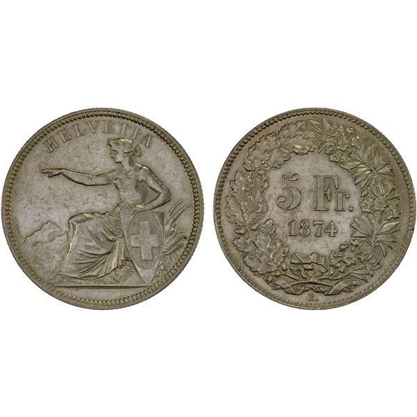 SWITZERLAND: Confederation, AR 5 francs, 1874-B, XF