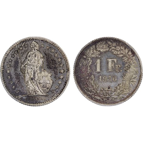 SWITZERLAND: Confederation, AR franc, Bern, 1916-B, PCGS Specimen 65