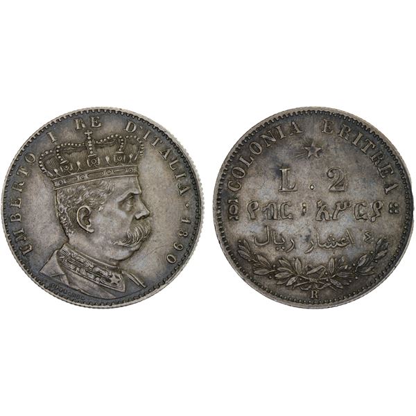 ERITREA: Umberto I, 1889-1900, AR 2 lire, 1890-R, XF-AU