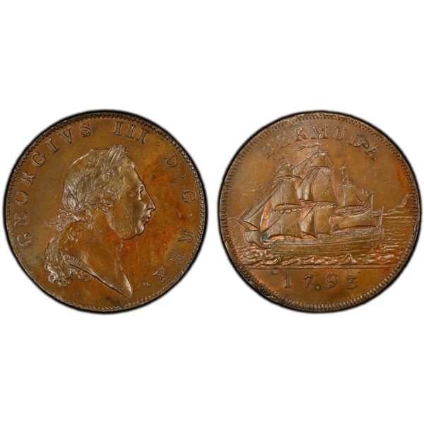 BERMUDA: George III, 1760-1820, AE penny, 1793, PCGS MS63 BN