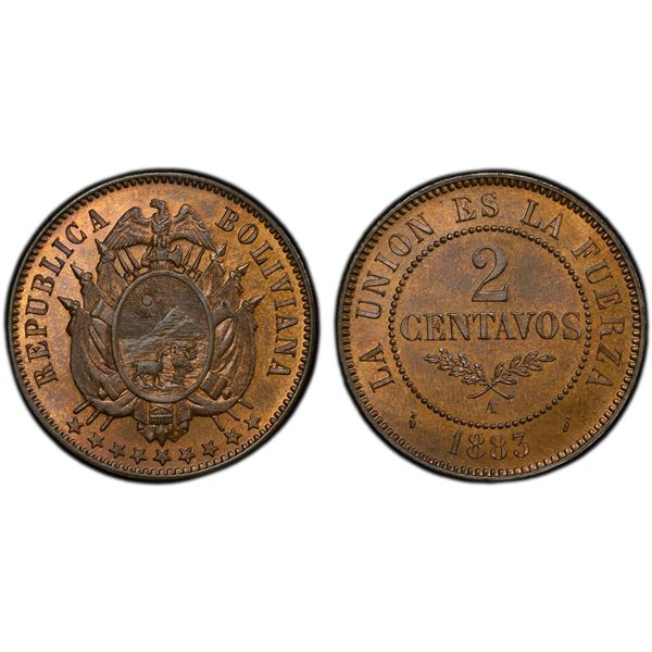 BOLIVIA: Republic, AE 2 centavos, 1883, PCGS Specimen 65 RB
