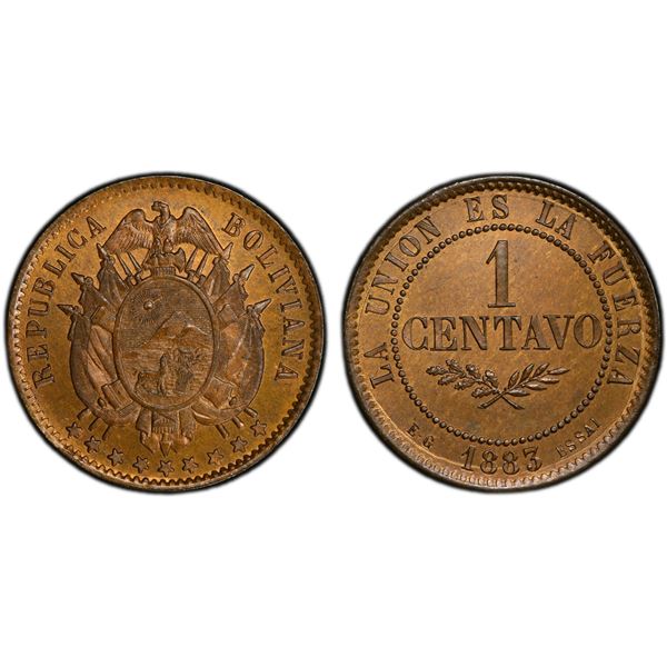 BOLIVIA: Republic, AE centavo, 1883, PCGS Specimen 65 RB