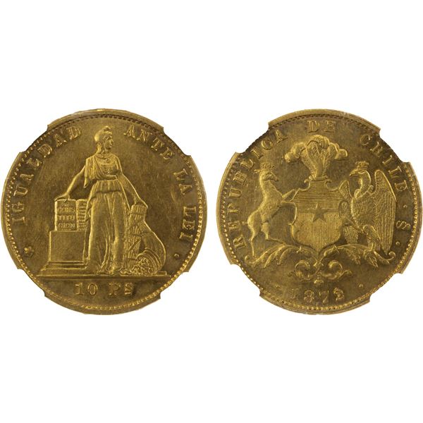 CHILE: Republic, AV 10 pesos, 1872/1-So, NGC MS61