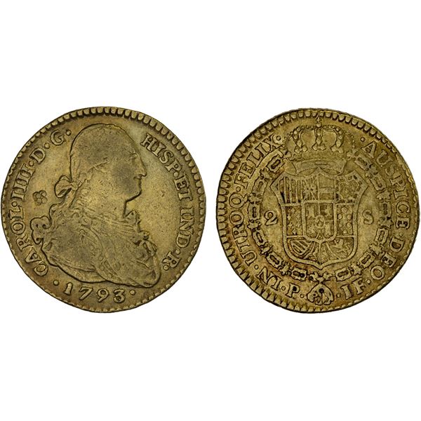 COLOMBIA: Carlos IV, 1788-1808, AV 2 escudos (6.69g), Popayan, 1793-P, F-VF