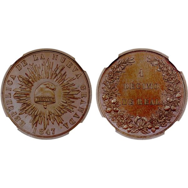 COLOMBIA: Republic, pattern AE decimo (1/10 real), 1847, NGC PF65 BN