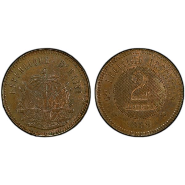 HAITI: Republic, AE 2 centimes, 1889, PCGS Specimen 62 BN