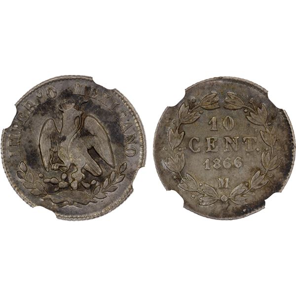 MEXICO: Maximiliano, 1864-1867, AR 10 centavos, 1866/4-M, NGC AU55