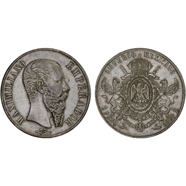 MEXICO: Maximiliano, 1864-1867, AR peso, 1866-Mo, XF