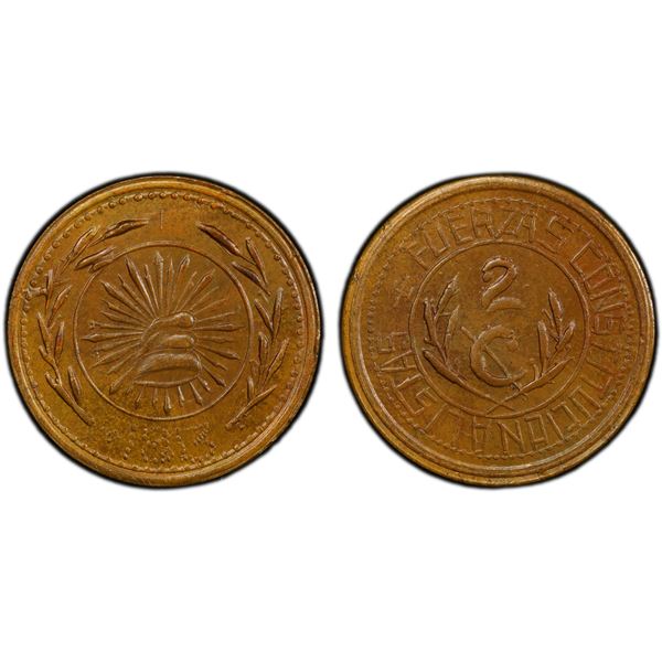 MEXICO: Revolutionary Issue, AE 2 centavos, Hidalgo del Parral, Chihuahua, 1913, PCGS MS64 BN