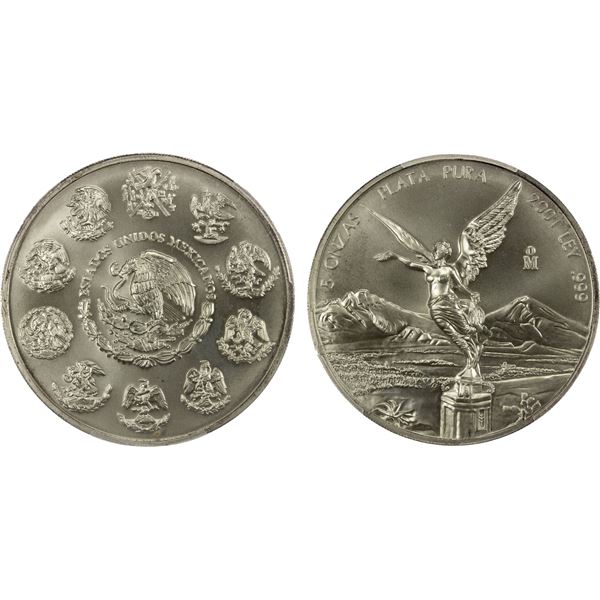 MEXICO: Estados Unidos, AR 5 onzas, 2001-Mo, PCGS MS68
