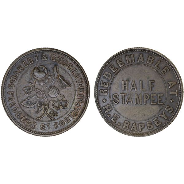 TRINIDAD & TOBAGO: British Colony, AE 1/2 stampee (5.29g), ND (1860), XF