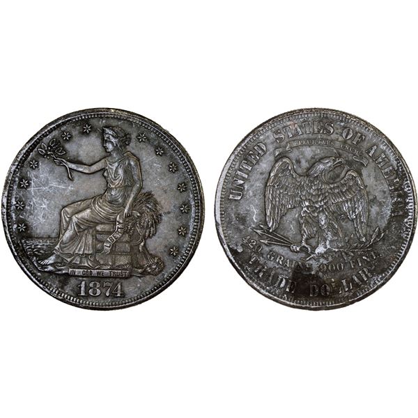 UNITED STATES:  AR trade dollar, 1874,  from the wreck of the Pacific Mail Steamship Company, XF