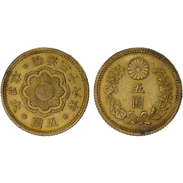 JAPAN: Meiji, 1868-1912, AV 5 yen, year 36 (1903), XF
