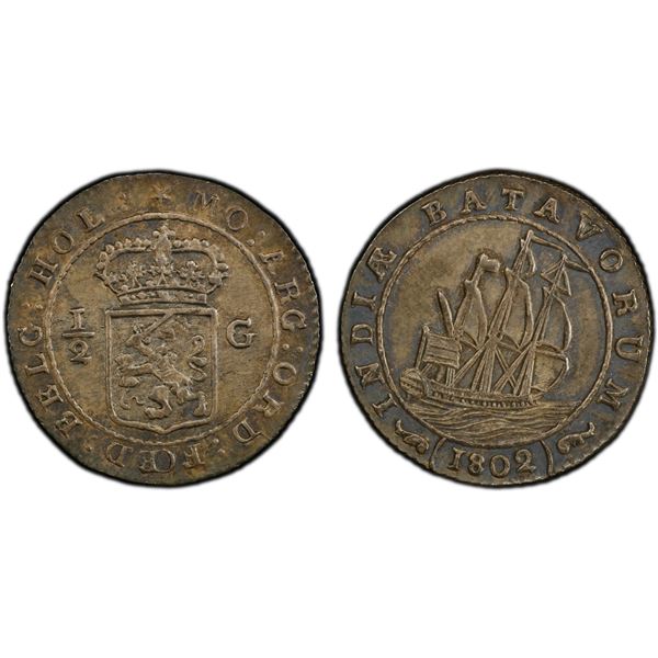 NETHERLANDS EAST INDIES: Batavian Republic, AR 1/2 gulden, 1802, PCGS MS63
