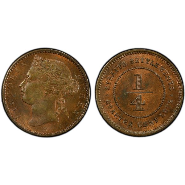 STRAITS SETTLEMENTS: Victoria, 1867-1901, AE 1/4 cent, 1872-H, PCGS MS64 BN