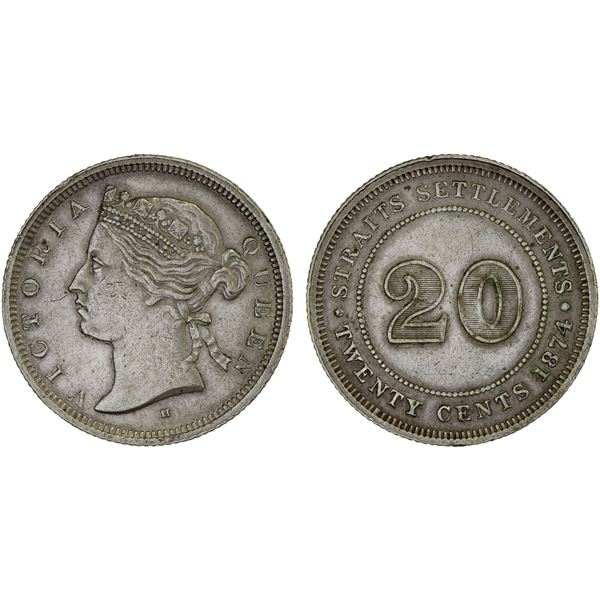 STRAITS SETTLEMENTS: Victoria, 1867-1901, AR 20 cents, 1874-H, XF