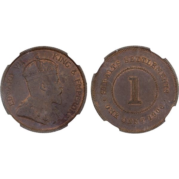 STRAITS SETTLEMENTS: Edward VII, 1901-1910, AE cent, 1906, NGC MS63 BN