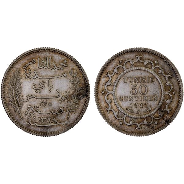 TUNISIA: Muhammad V, 1906-1922, AR 50 centimes, 1910-A/AH1328, choice AU