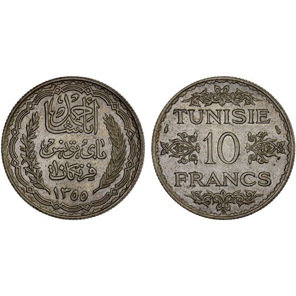 TUNISIA: Ahmad Bey, 1929-1942, AR 10 francs, Paris Mint, AH1355 (1936), choice AU