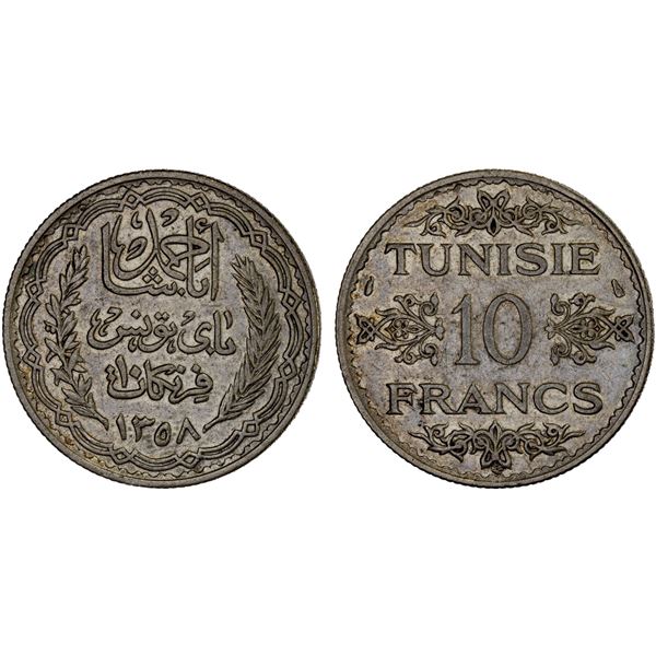 TUNISIA: Ahmad Bey, 1929-1942, AR 10 francs, Paris Mint, AH1358 (1939), XF-AU