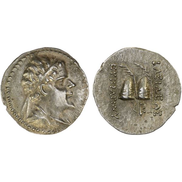 BACTRIA: Eukratides I Megas, ca. 170-145 BC, AR obol (0.71g), XF
