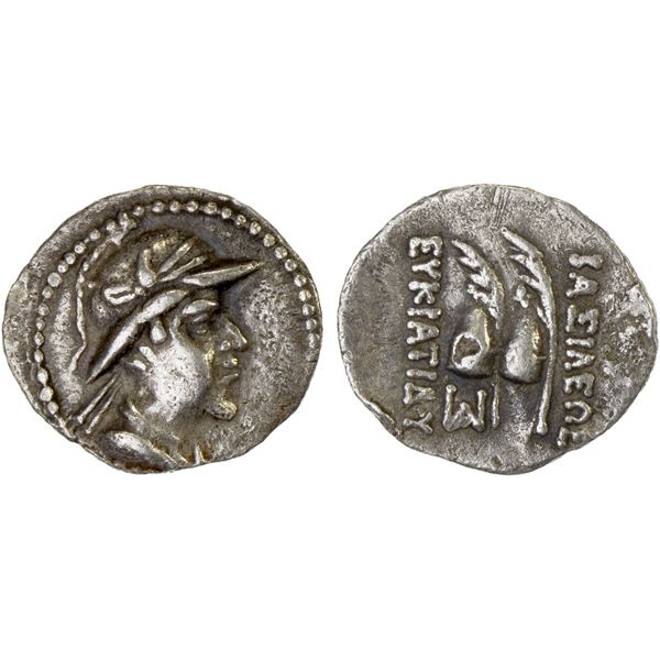 BACTRIA: Eukratides I Megas, ca. 170-145 BC, AR obol (0.66g), Choice VF