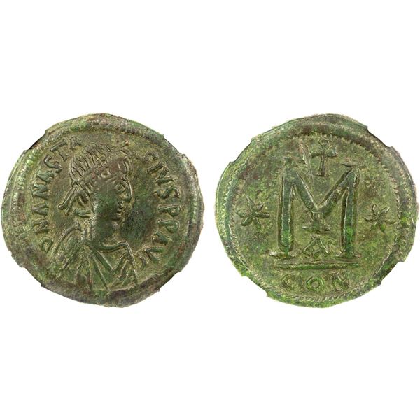 BYZANTINE EMPIRE: Anastasius, 491-518 AD, AE follis (18.25g), Constantinople, NGC Choice VF