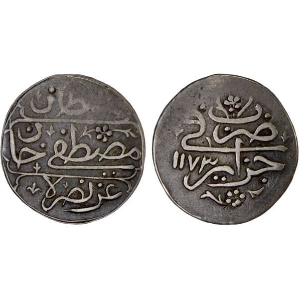 OTTOMAN: ALGIERS: Mustafa III, 1757-1774, AR 1/4 budju (2.61g), AH1173, VF