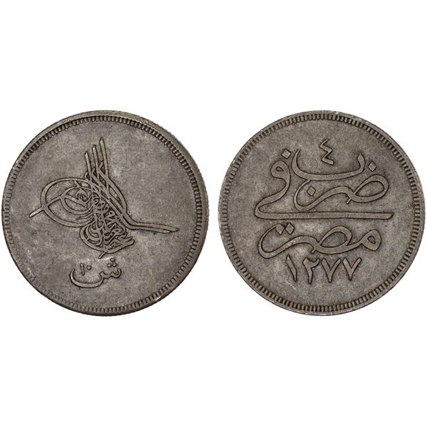 OTTOMAN: EGYPT: Abdul Aziz, 1861-1876, AR 10 qirsh (12.47g), "Misr", AH1277 year 4, VF-XF