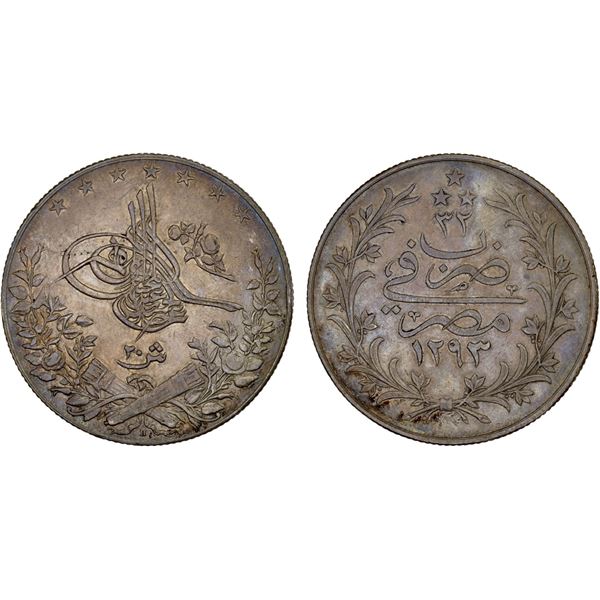 OTTOMAN: EGYPT: Abdul Hamid II, 1876-1909, AR 20 qirsh, Misr, AH1293-H year 32, XF