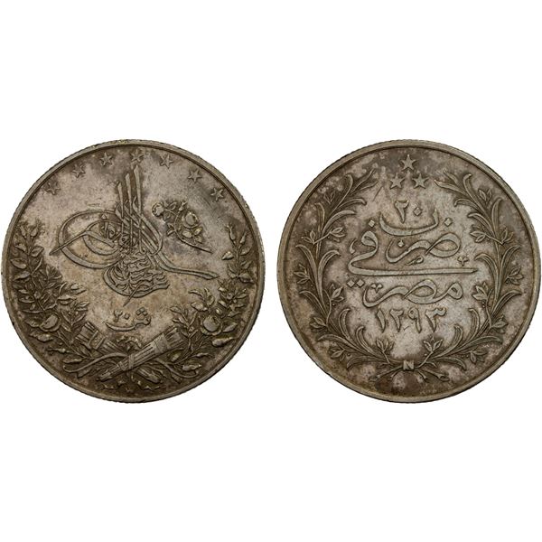 OTTOMAN: EGYPT: Abdul Hamid II, 1876-1909, AR 20 qirsh, Misr, AH1293-W year 20, VF-XF