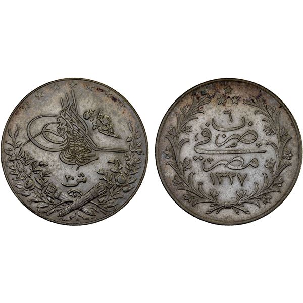 OTTOMAN: EGYPT: Muhammad V, 1909-1914, AR 20 qirsh, AH1327-H year 6, XF-AU