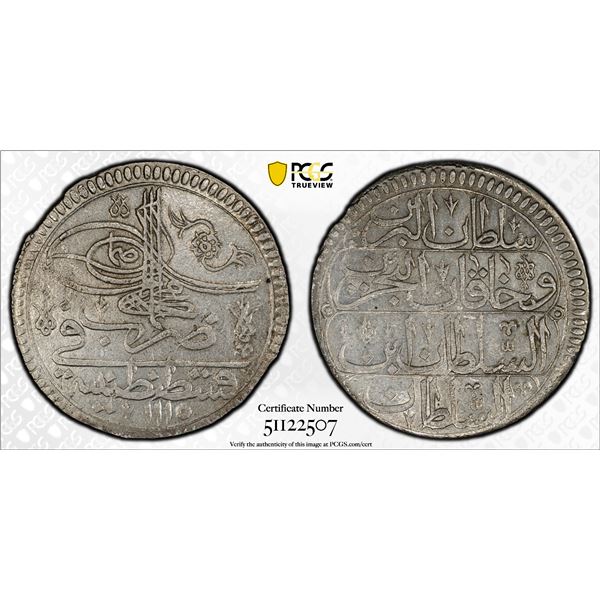 OTTOMAN: TURKEY: Ahmed III, 1703-1730, AR kurush, Kostantiniye, AH1115, PCGS MS62