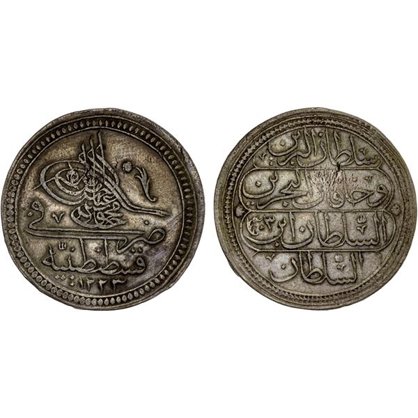 OTTOMAN: TURKEY: Mahmud II, 1808-1839, AR kurush (9.77g), Kostantiniye, AH1223 year 3, XF