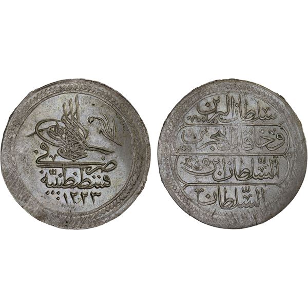 OTTOMAN: TURKEY: Mahmud II, 1808-1839, AR kurush (piastre), Kostantiniye, AH1223 year 15, choice AU