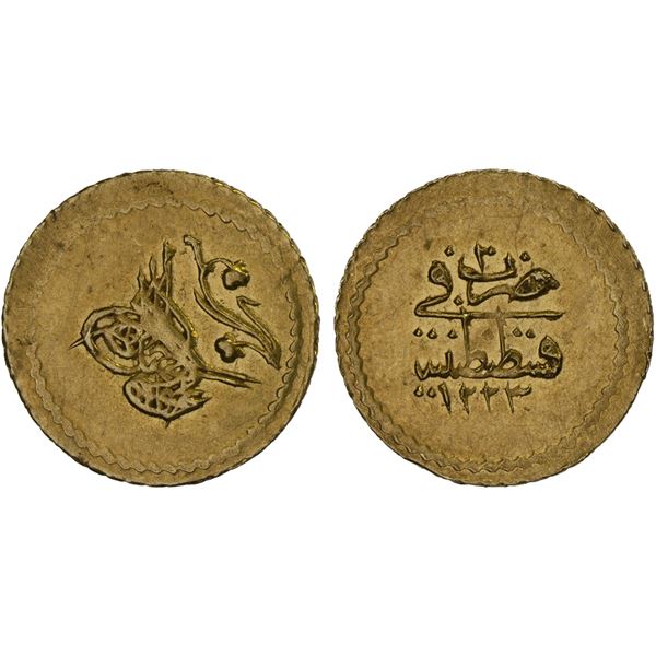 OTTOMAN: TURKEY: Mahmud II, 1808-1839, AV rubiye (0.81g), Kostantiniye, AH1223 year 10, Unc