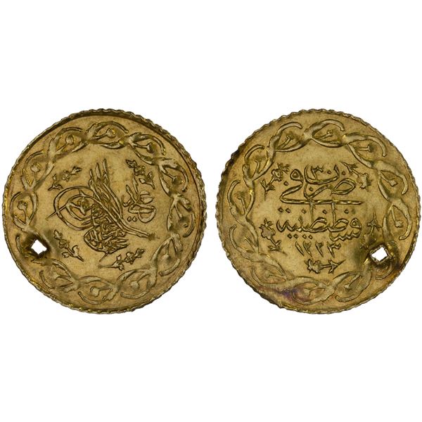 OTTOMAN: TURKEY: Mahmud II, 1808-1839, AV cedid mahmudiye (1.56g), Kostantiniye, AH1223 year 30, XF